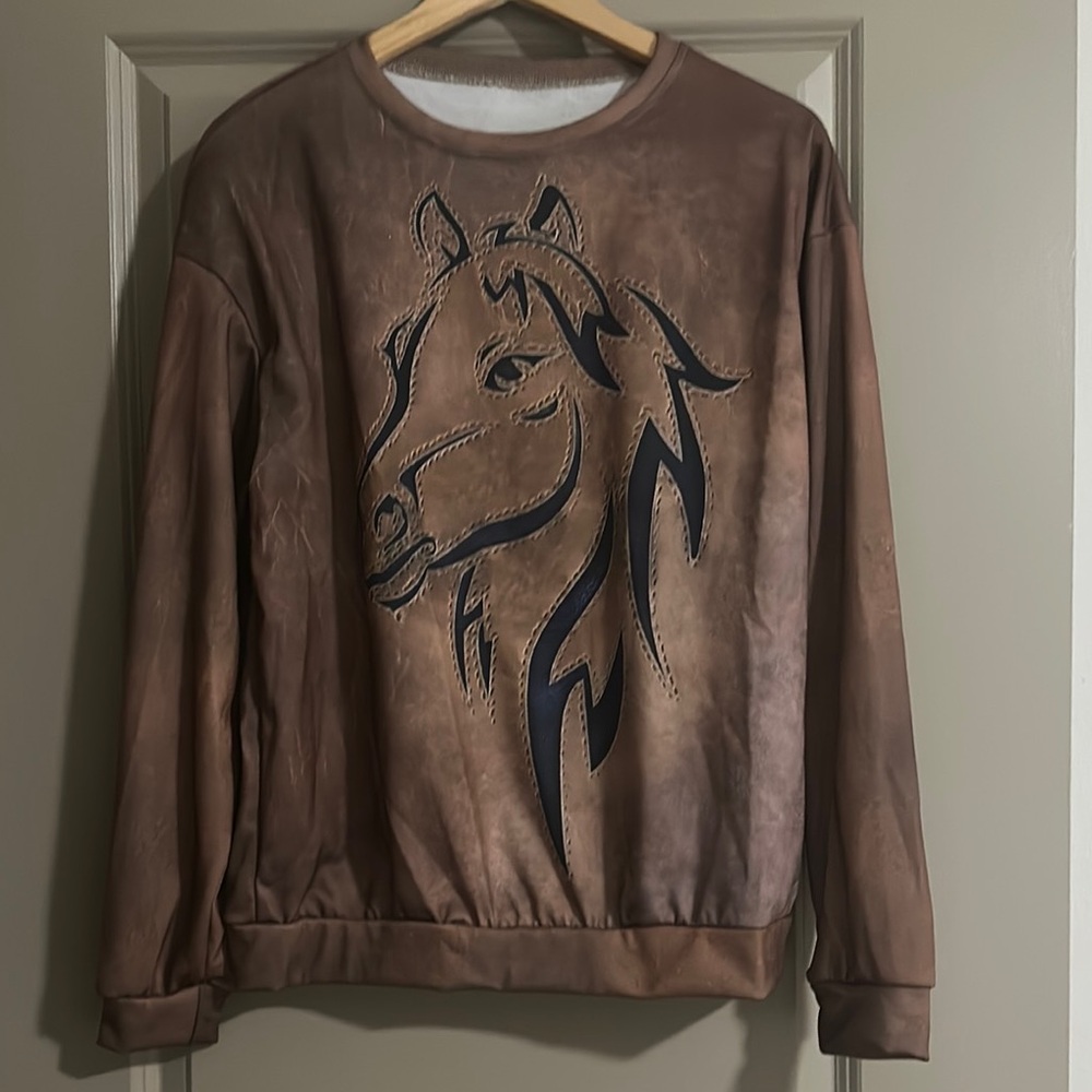 Brown Crewneck Sweater with Horse Graphic